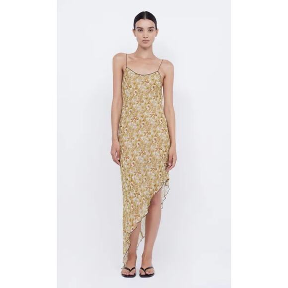 Bec + Bridge Florentine Asymmetric Golden Blurred Floral Silk Midi Dress Size 8 - Picture 1 of 16